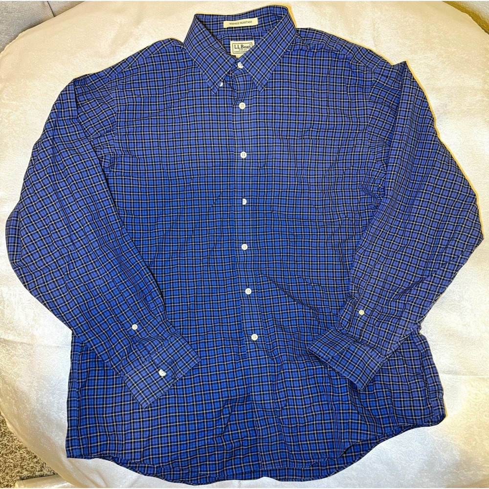 L.L.Bean Wrinkle Resistant Blue Plaid Button-Down Dress Shirt Men's L 34/35